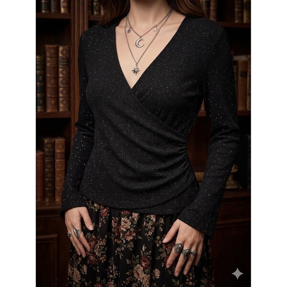 Vtg J.R. NITES Black Glitter Wrap Top 12 Whimsigoth Dark Academia Goth Y2K